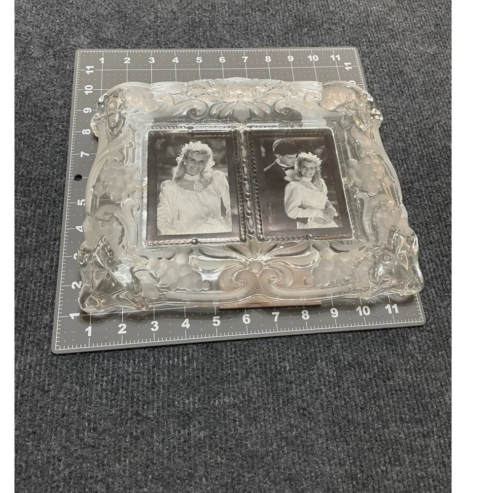 Vintage Frosted Glass Double Picture Frame Grape Vine Relief Tabletop Ornate